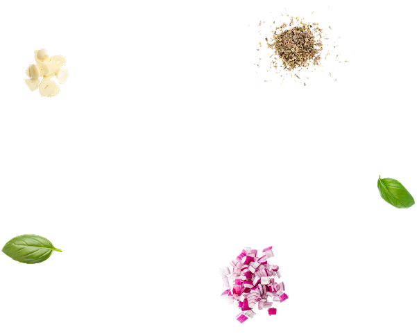 a floating image of garlic, basil leaf, onion and black pepper