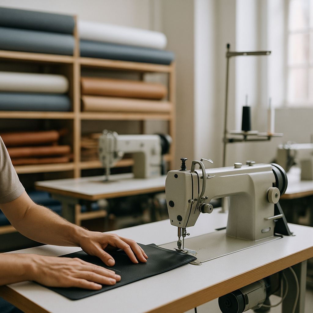 Máquinas de coser industriales y rollos de lona técnica en taller textil profesional
