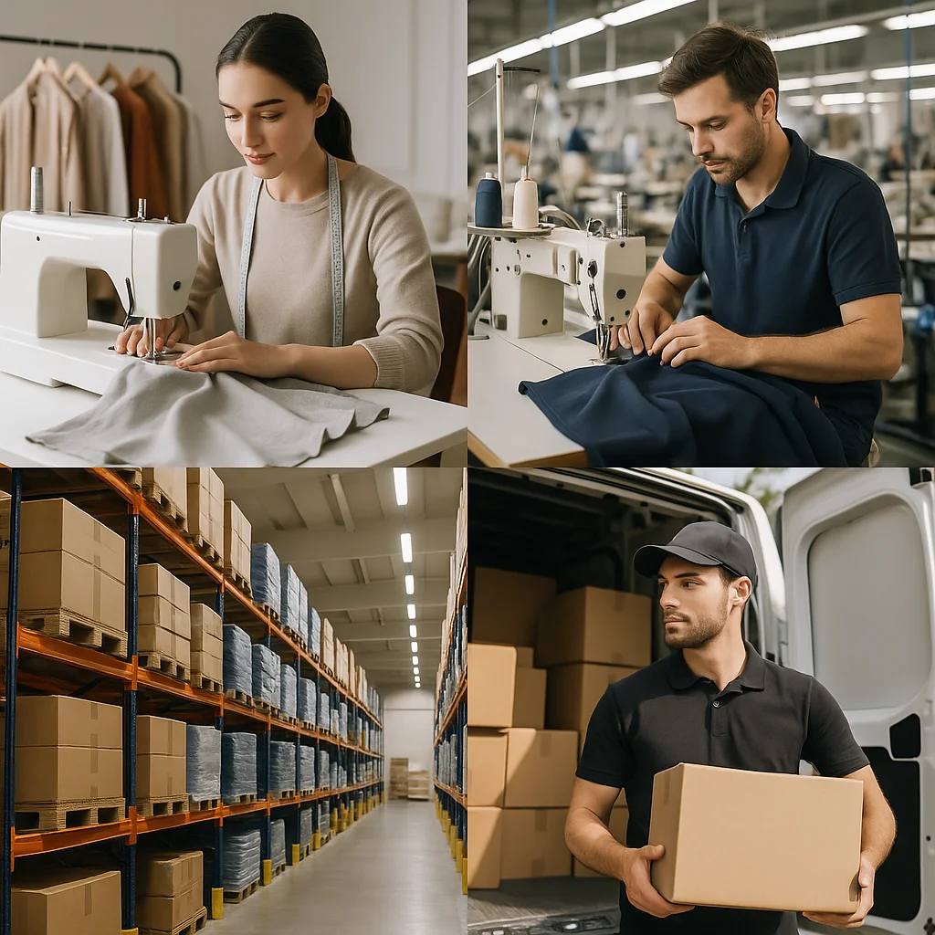 Máquinas de coser industriales y rollos de lona técnica en taller textil profesional
