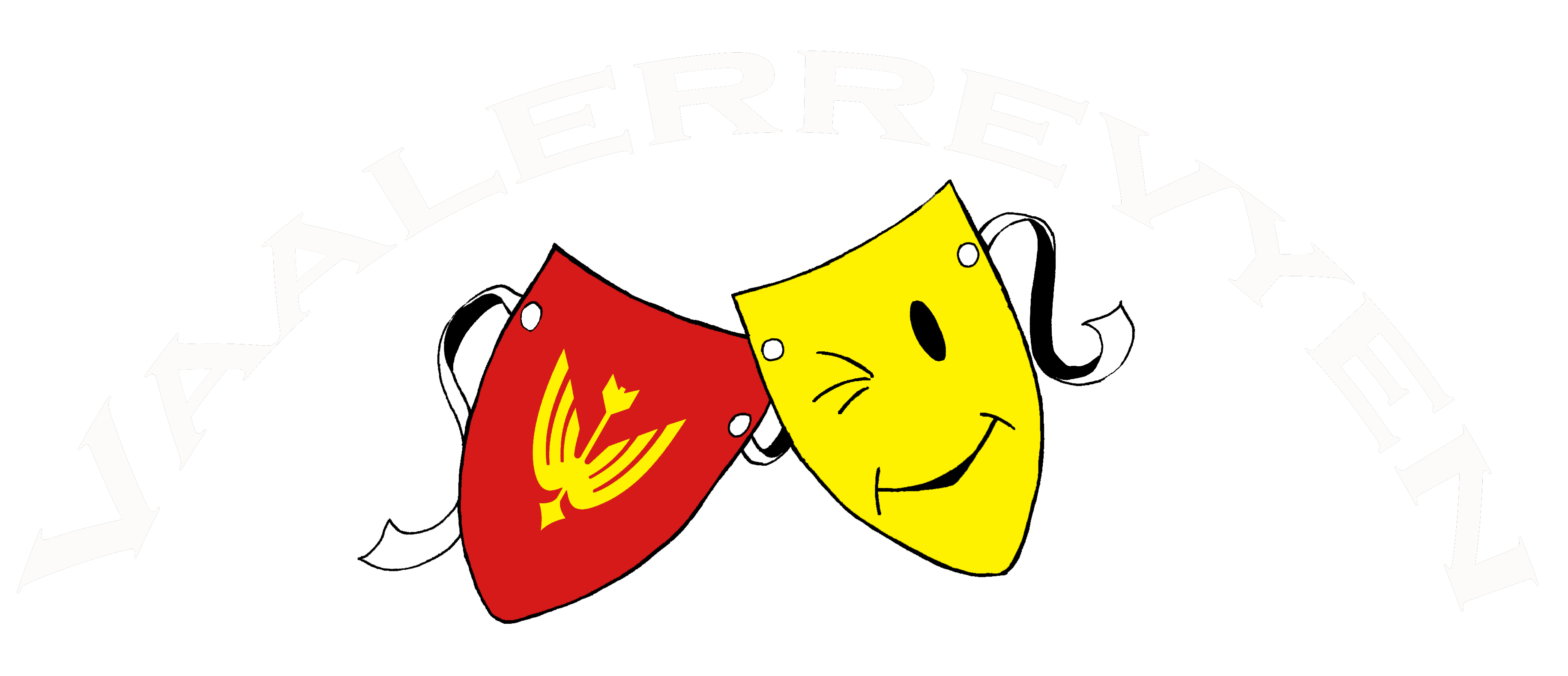 Two theatrical masks, one red with a yellow emblem and one yellow with a winking, smiling face, under the curved text 'JALALERREYYEN' on a black background.