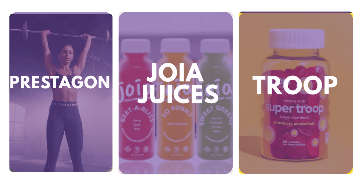 Three vertical panels showing a woman lifting a barbell labeled Prestagon, three Joia juice bottles labeled Beet-A-Bliss, So Sunny, and Sweet Greens, and a bottle of Super Troop mushroom blend supplements.