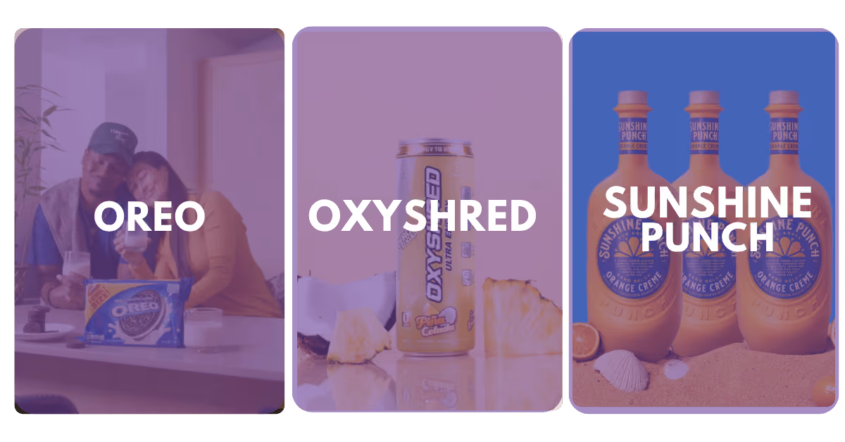 Three panels displaying products: a couple drinking milk with a pack of Oreo cookies, a can of Oxyshred energy drink with pineapple pieces, and three bottles of Sunshine Punch orange creme on sand with seashells.