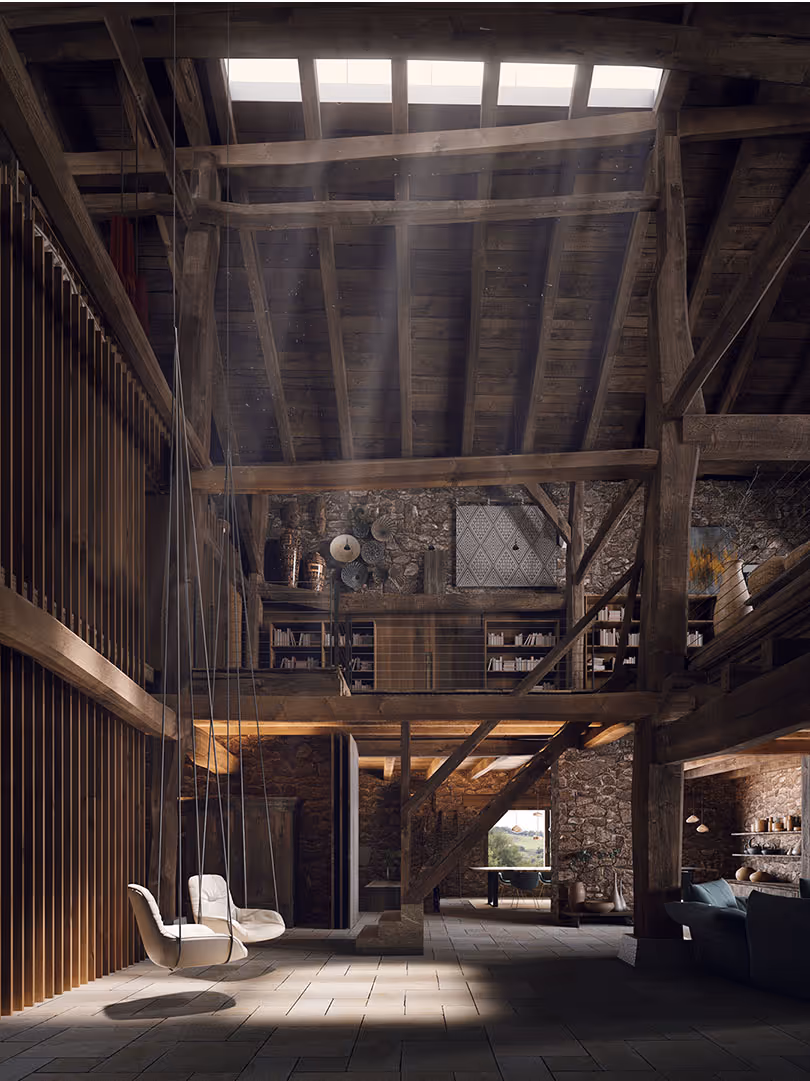 Rustic wooden interior with suspended chairs, bookshelves, and skylights