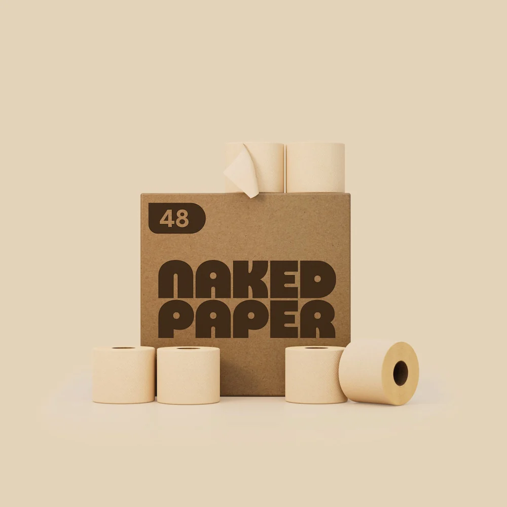 A box of 48 Naked Paper toilet rolls on a beige background.
