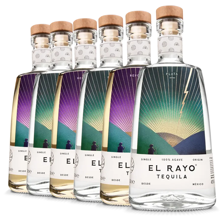 A stack of El Rayo tequila bottles with alternating blue and putple labels. 