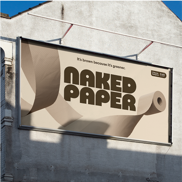 A billboard on the side of a white house, featuring a Naked Paper design. 