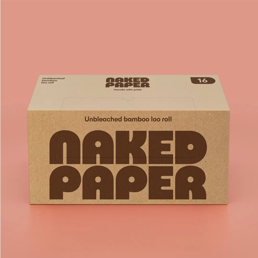 A render of a Naked Paper toilet roll box, on a peach background. 