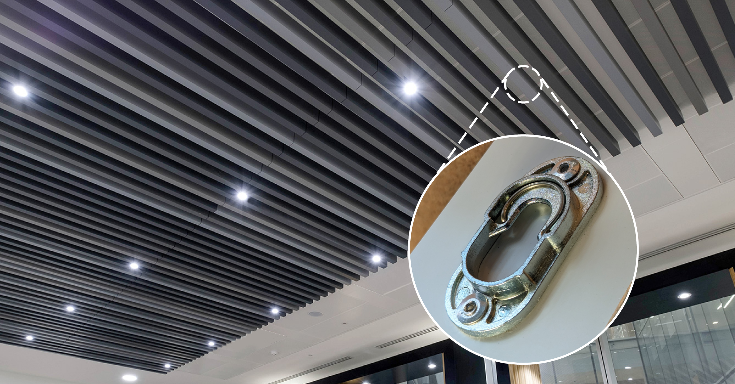 Ceiling slats hung using Type 1 Metal