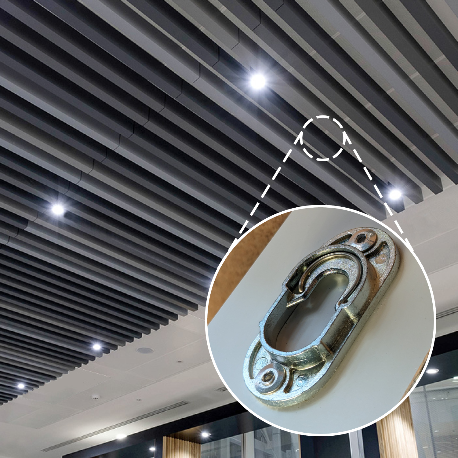 Ceiling slats hung using Type 1 Metal