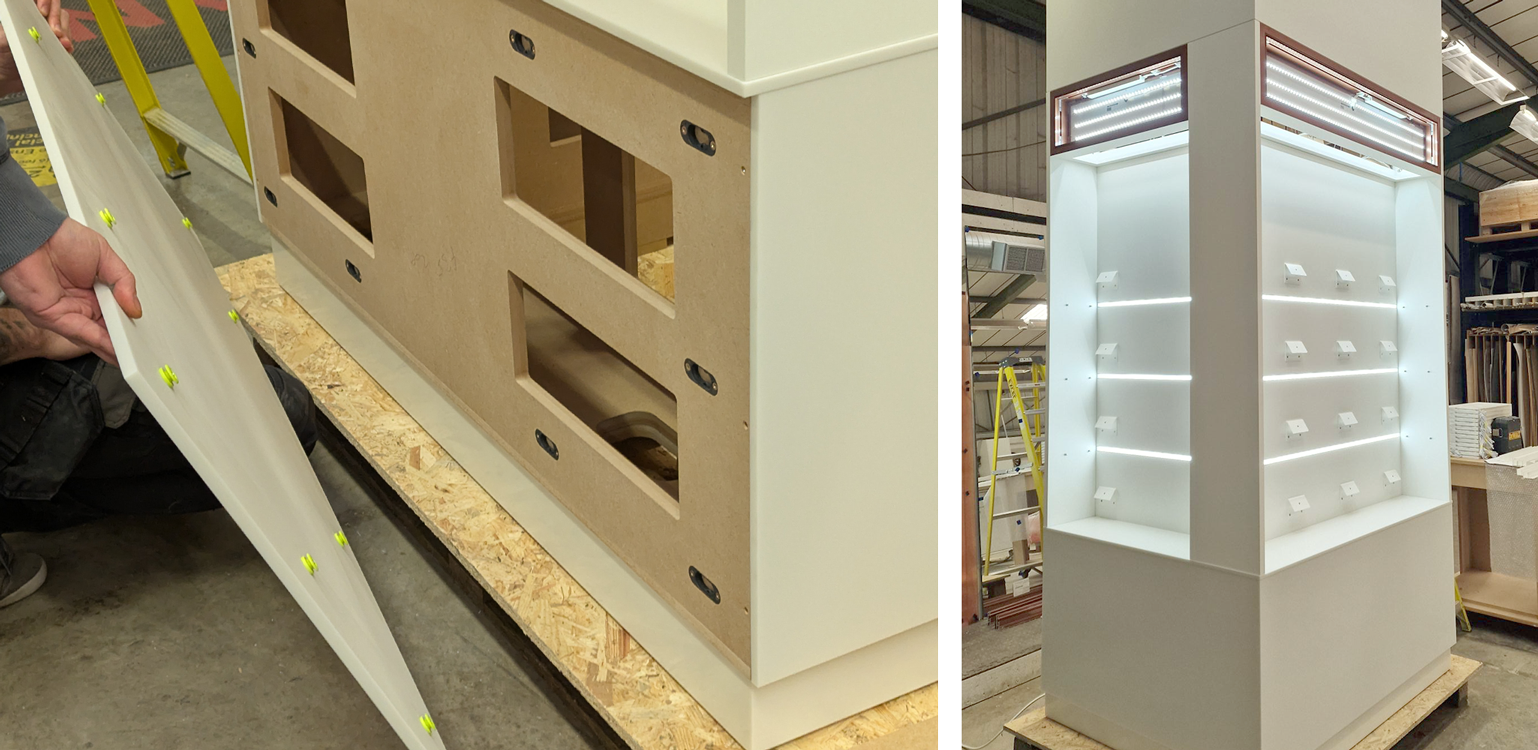 Removable solid surface cladding panels for access to electrical services