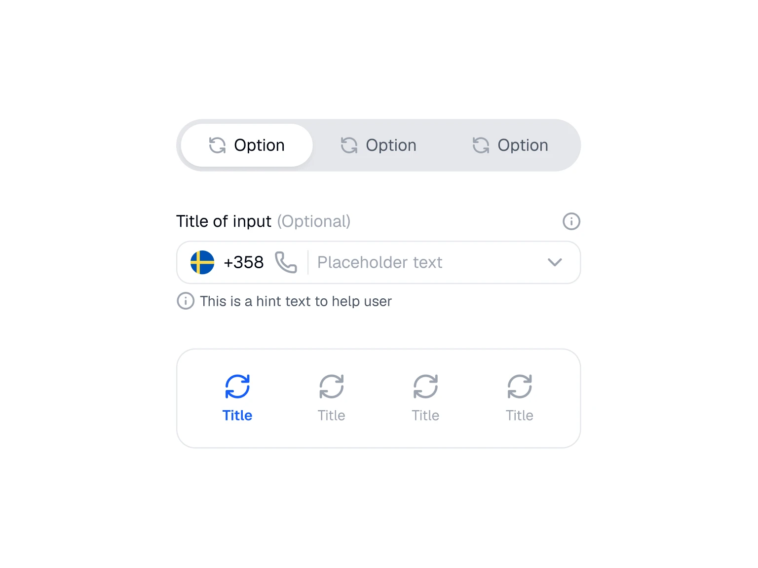 User interface showing selectable options with refresh icons, a phone input field with Swedish flag and country code +358, placeholder text, and a hint for user assistance.