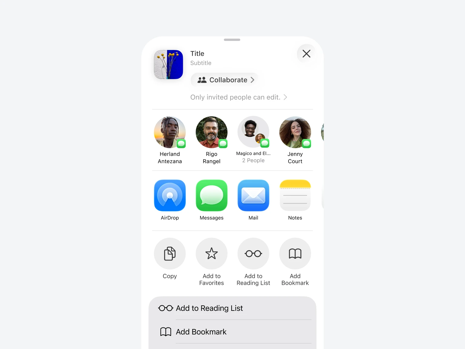 Mobile screen showing a sharing and collaboration interface with contact icons, sharing options like AirDrop, Messages, Mail, Notes, and actions including Copy, Add to Favorites, Add to Reading List, and Add Bookmark.