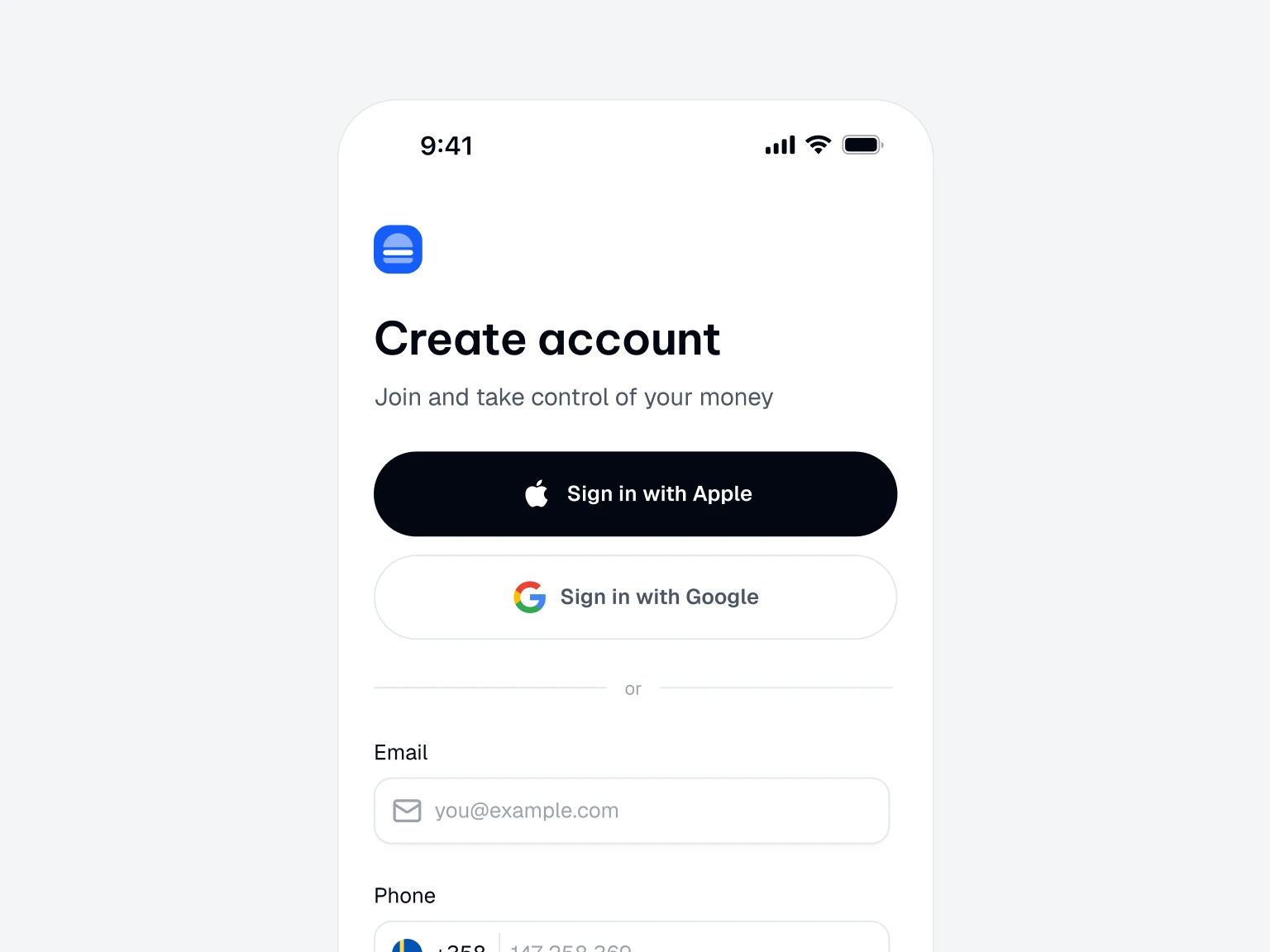 Mobile app screen showing Create account page with options to sign in using Apple or Google, and fields for email and phone number input.