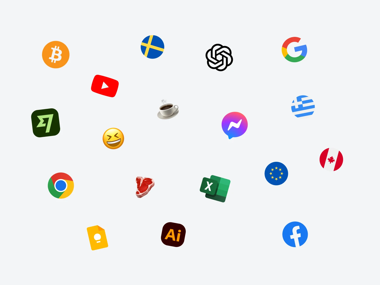 Collection of various logos and icons including Bitcoin, YouTube, OpenAI, Google, Facebook, Excel, Adobe Illustrator, Google Chrome, Greek, Swedish, Canadian, and European Union flags, a coffee cup, a steak, and an emoji with eyes closed and tongue out.
