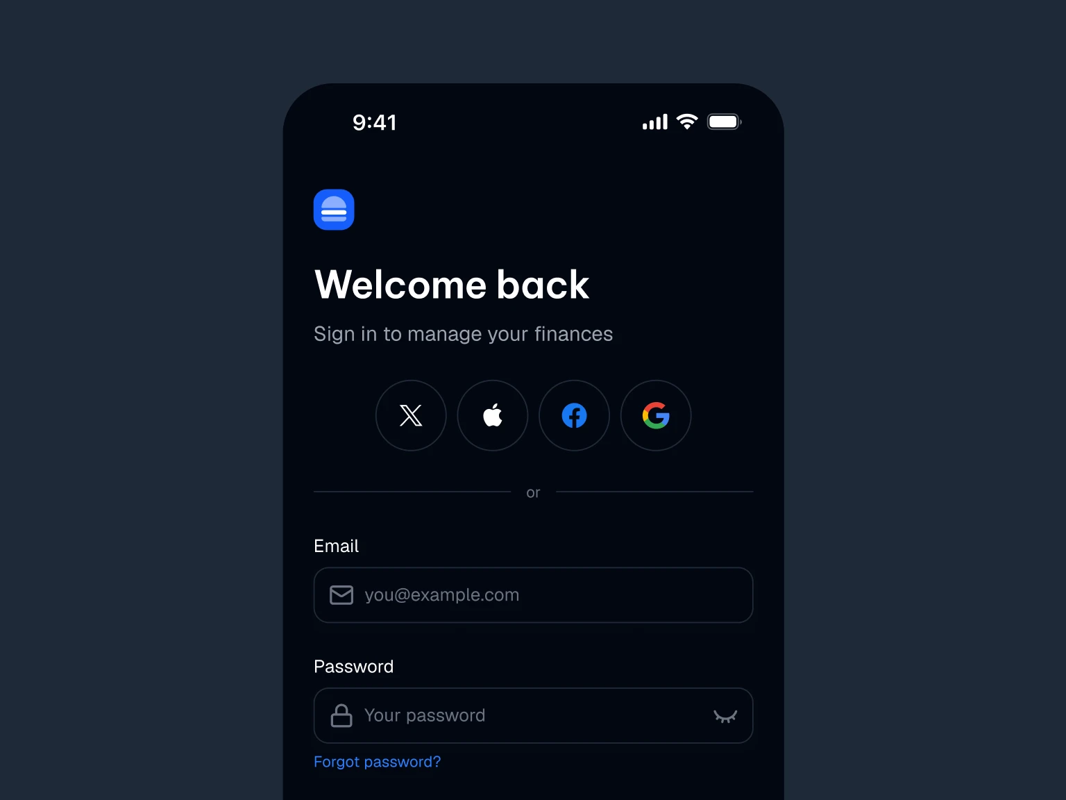 Mobile app sign-in screen with options to log in using X, Apple, Facebook, or Google, and fields for email and password entry.