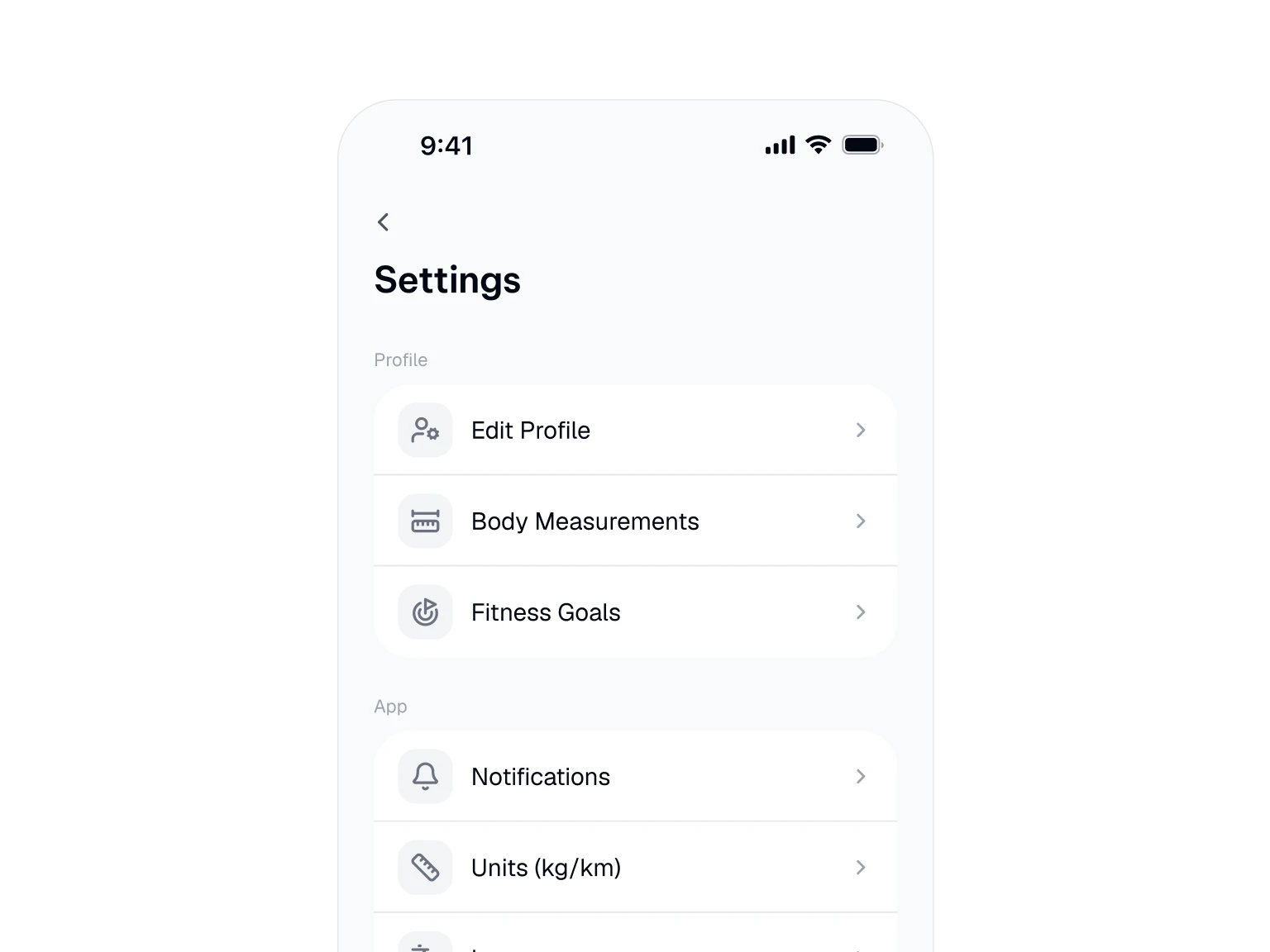 Settings screen of a mobile app with options to edit profile, body measurements, fitness goals, notifications, and units.