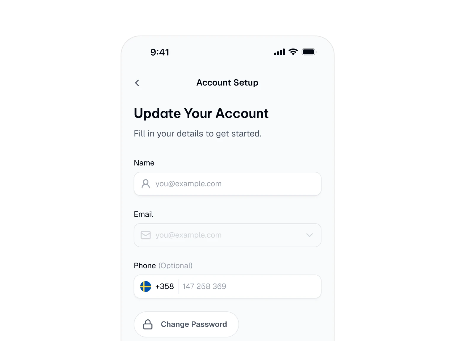 Mobile screen showing account setup form asking to update name, email, and optional phone number with a change password button.