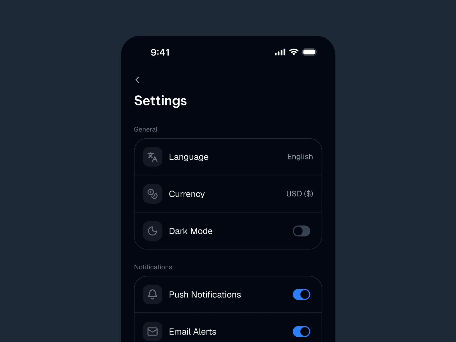 Mobile phone screen showing Settings menu with options for Language set to English, Currency set to USD, Dark Mode off, Push Notifications on, and Email Alerts on.