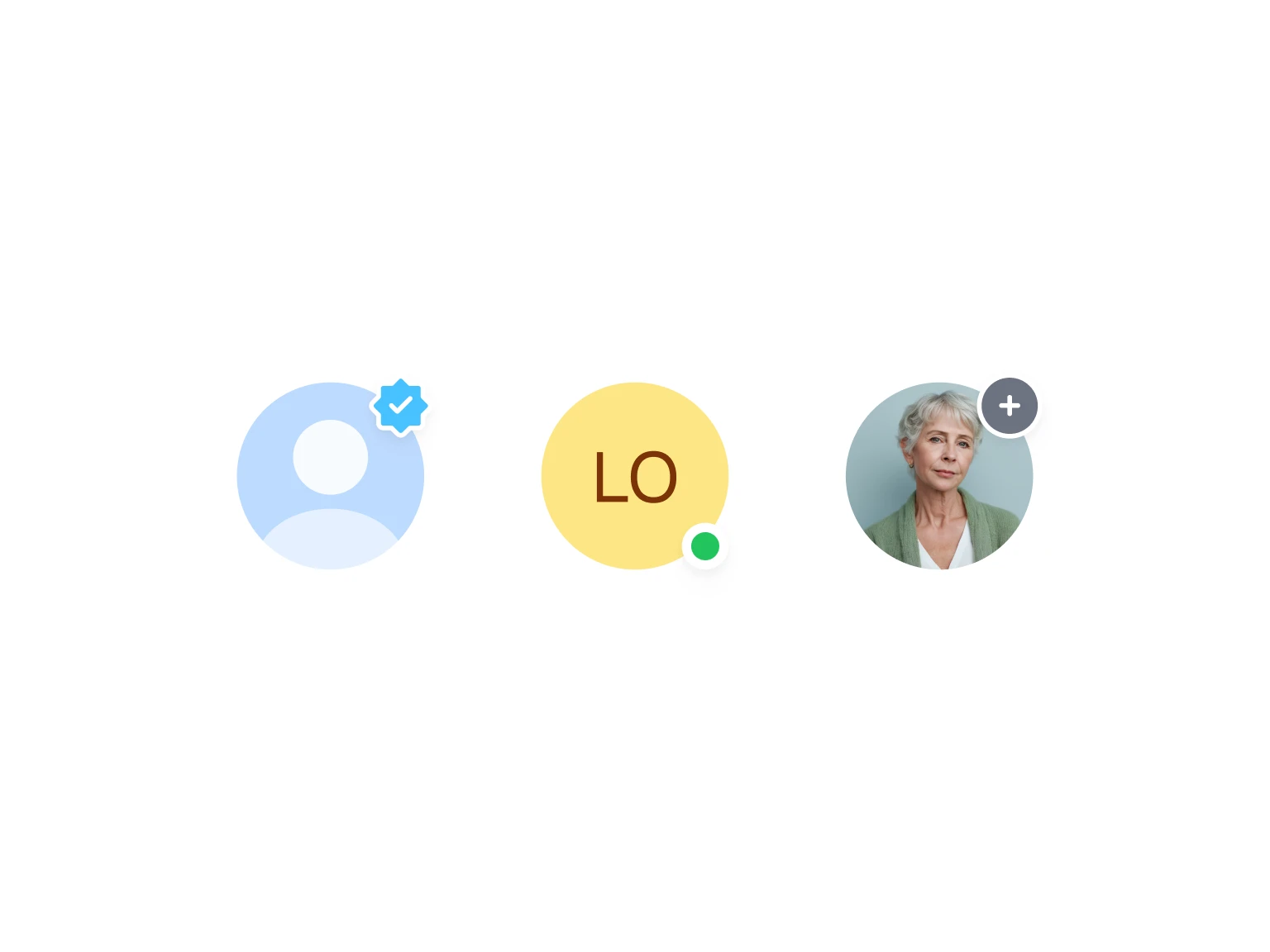 Three user avatars: a blue default silhouette with a verification check mark, a yellow circle with initials 'LO' and an online green dot, and an older woman with short gray hair in a green cardigan with a plus symbol.