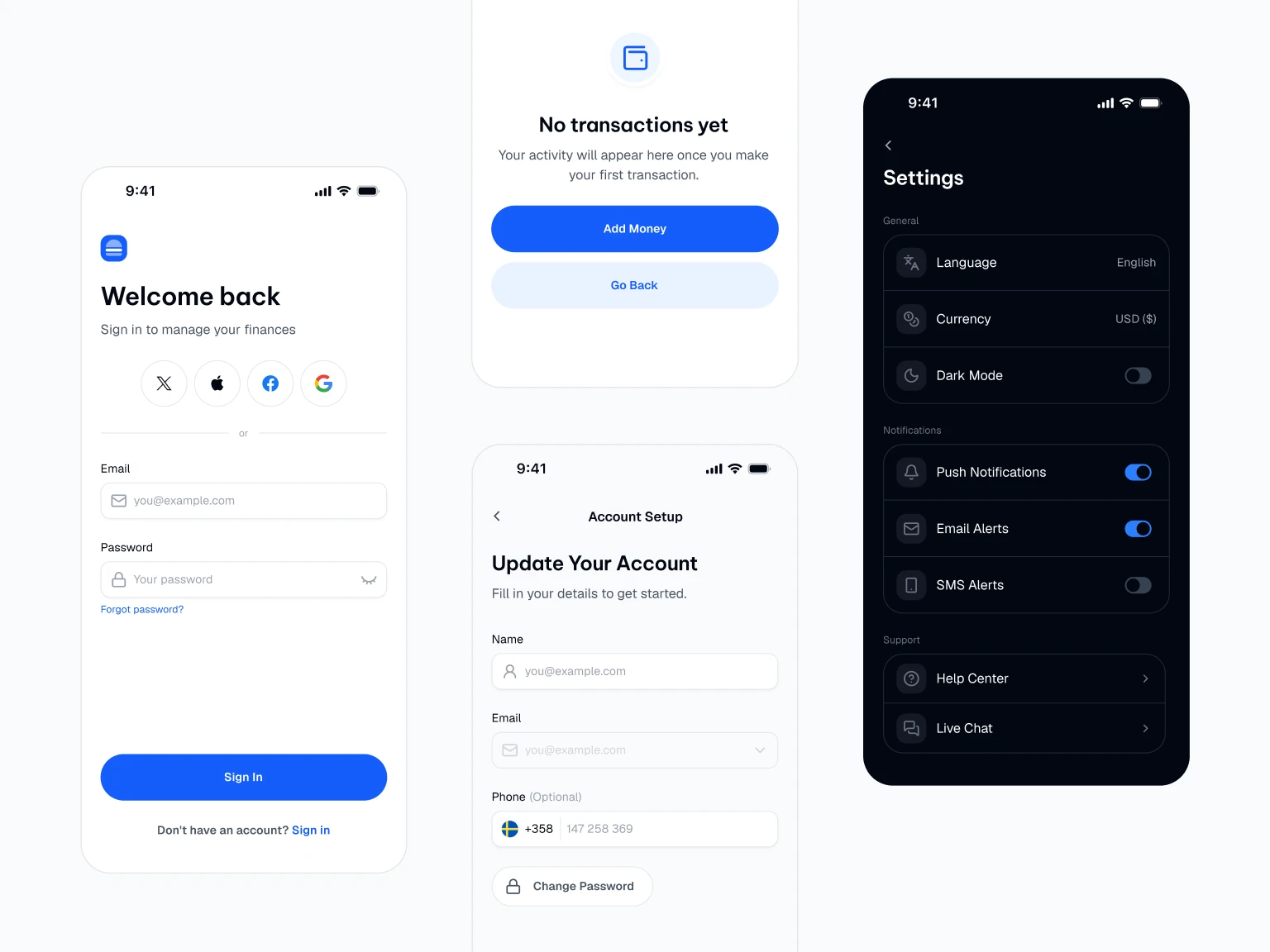 Four mobile app screens showing finance management: sign-in page with social media options, no transactions message with add money button, account setup form with name, email, phone and change password, and dark mode settings with language, currency, notifications, and support options.