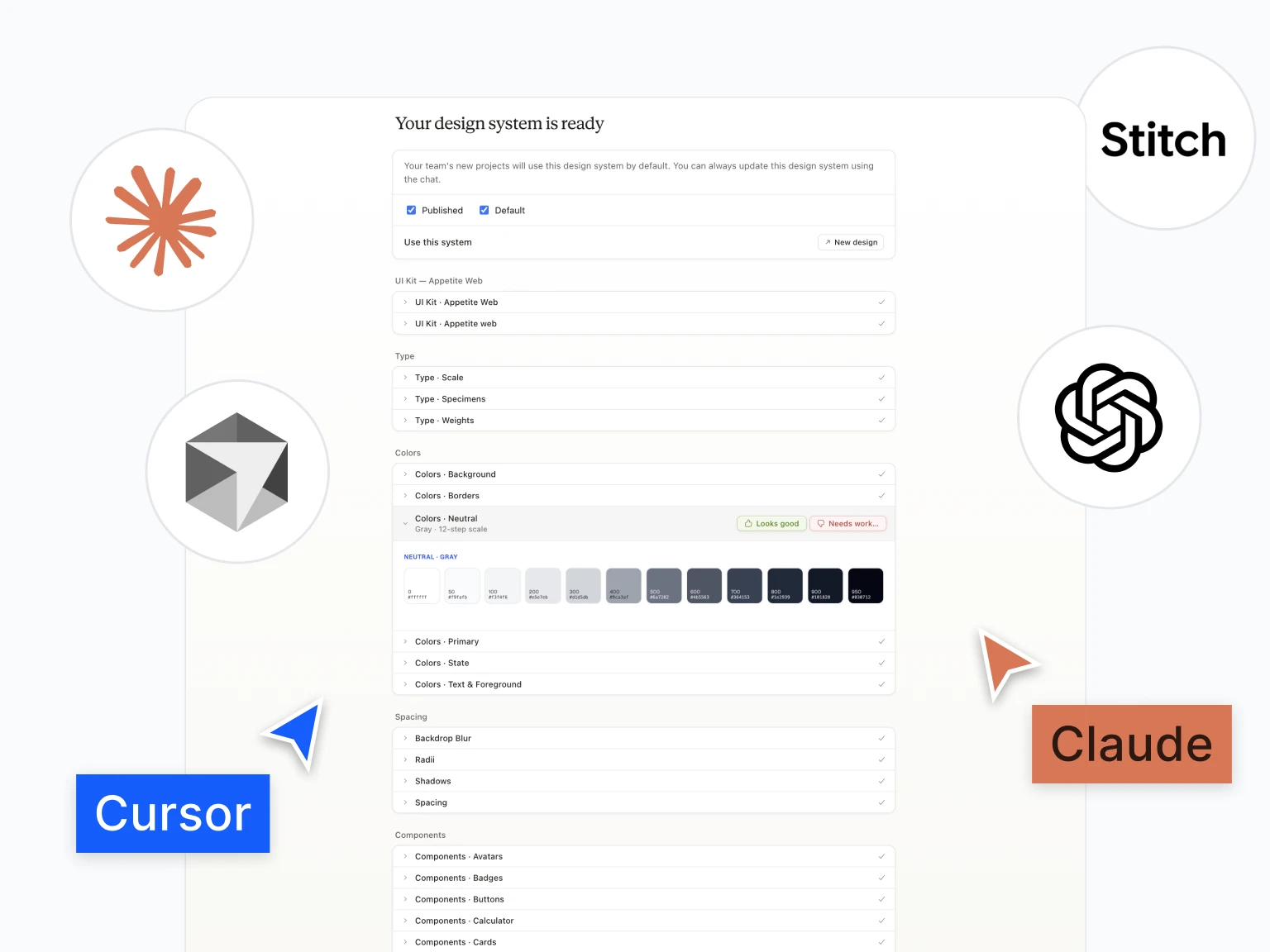 User interface screen showing a design system setup with color palettes, typography, spacing, and components options, surrounded by logos and cursors labeled Stitch, Claude, and Cursor.