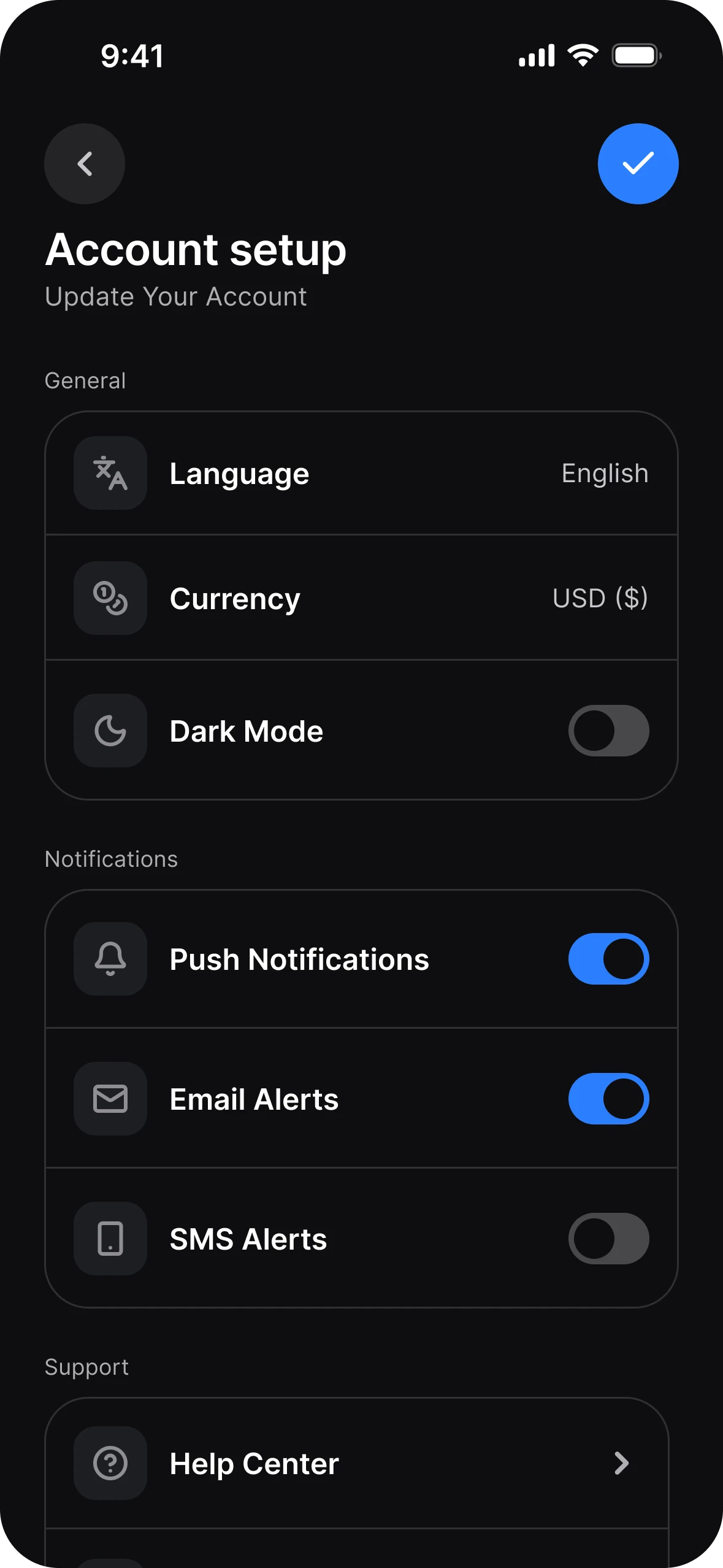 Settings, dark mode