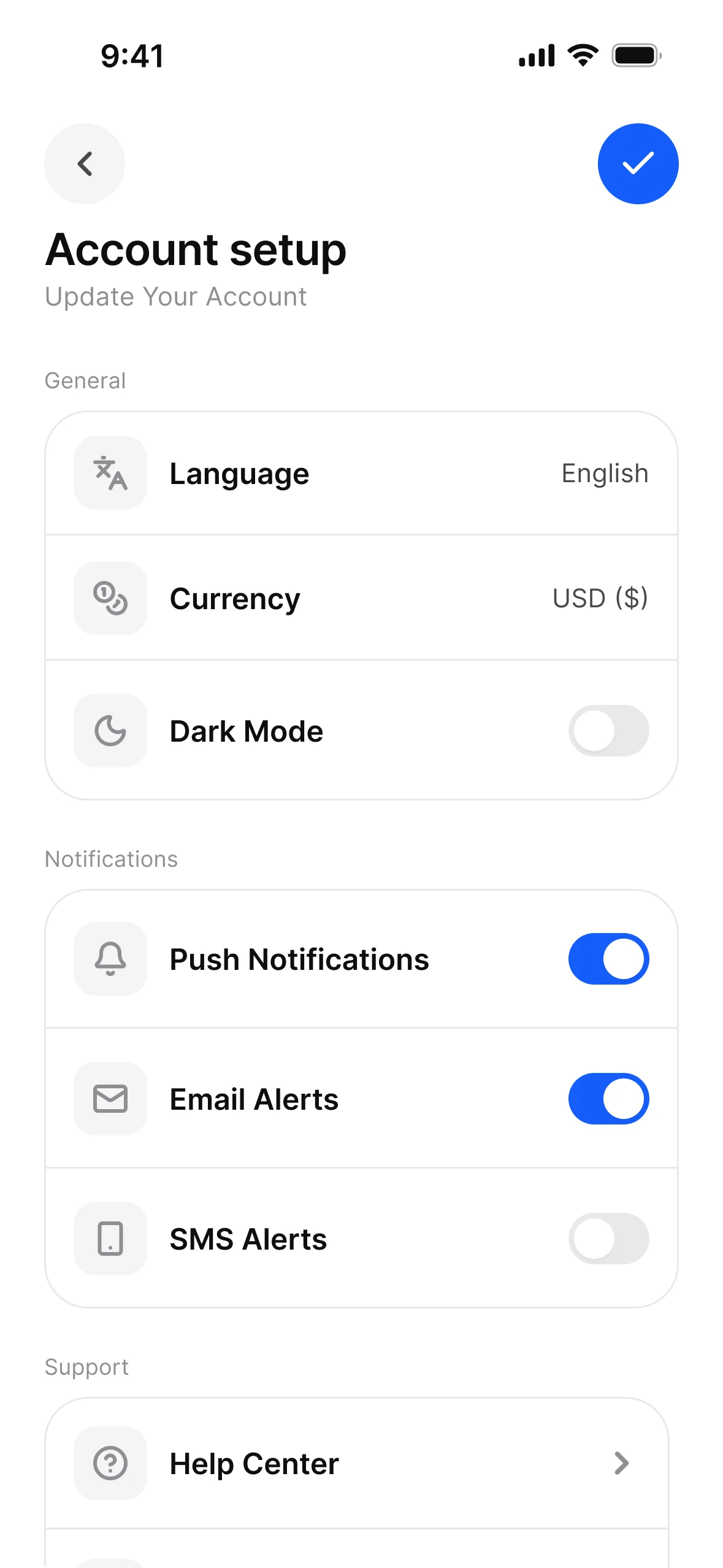 Settings, light mode