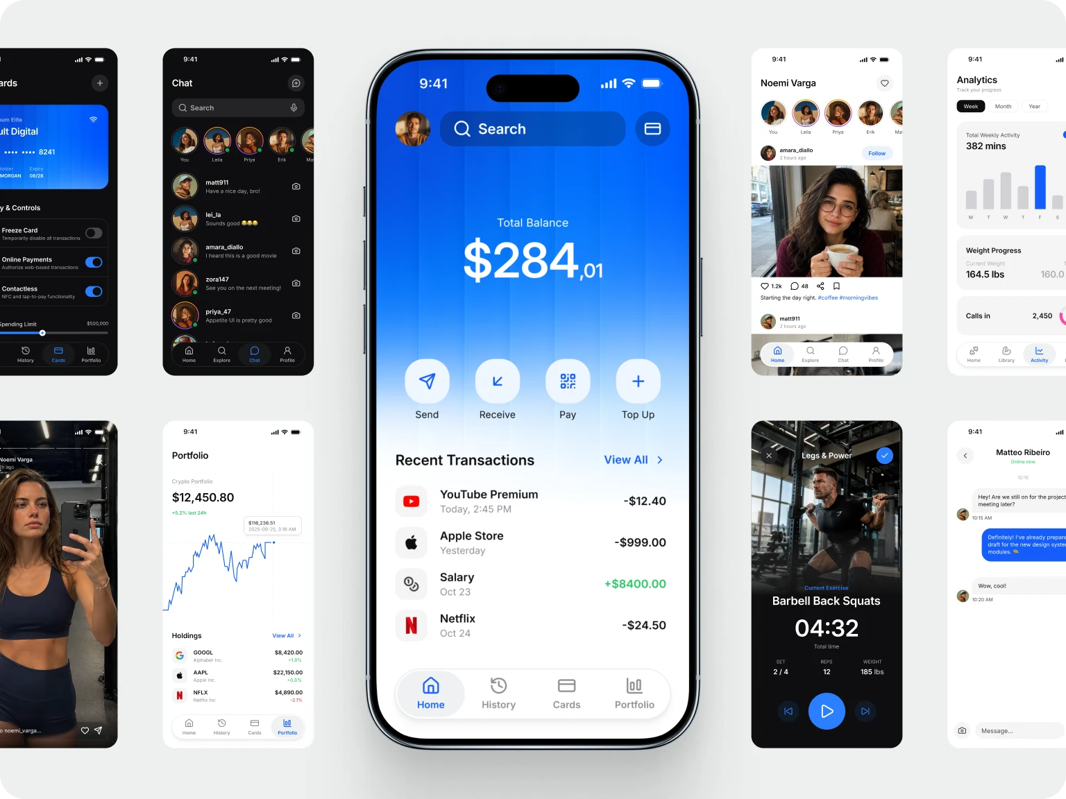 Finance, chat and fitness app screens arranged around a central wallet balance screen