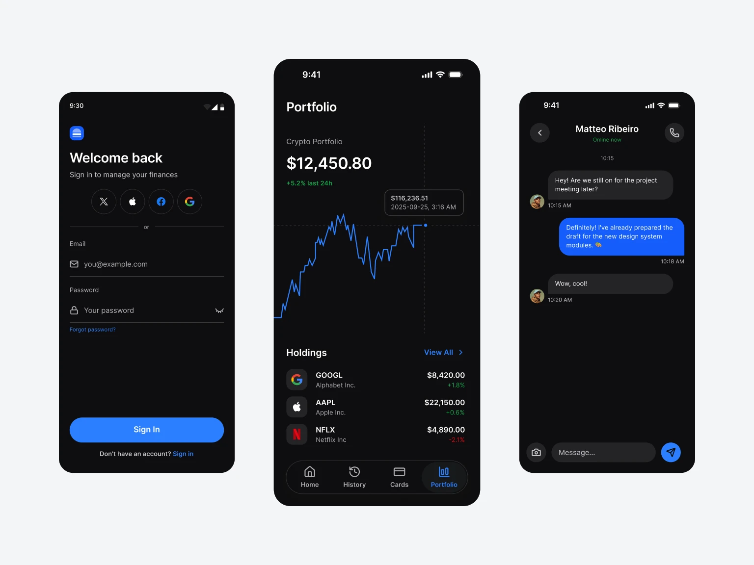 The same screen in light and dark mode