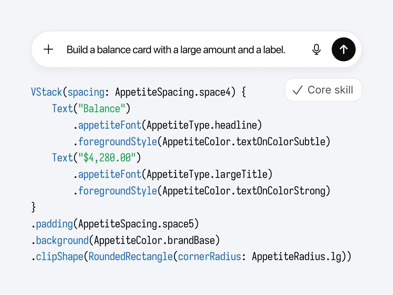 AI prompt turning into SwiftUI code built from Appetite spacing, type and color tokens
