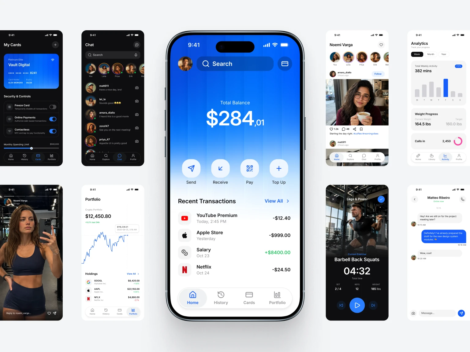 Finance, chat and fitness app screens arranged around a central wallet balance screen