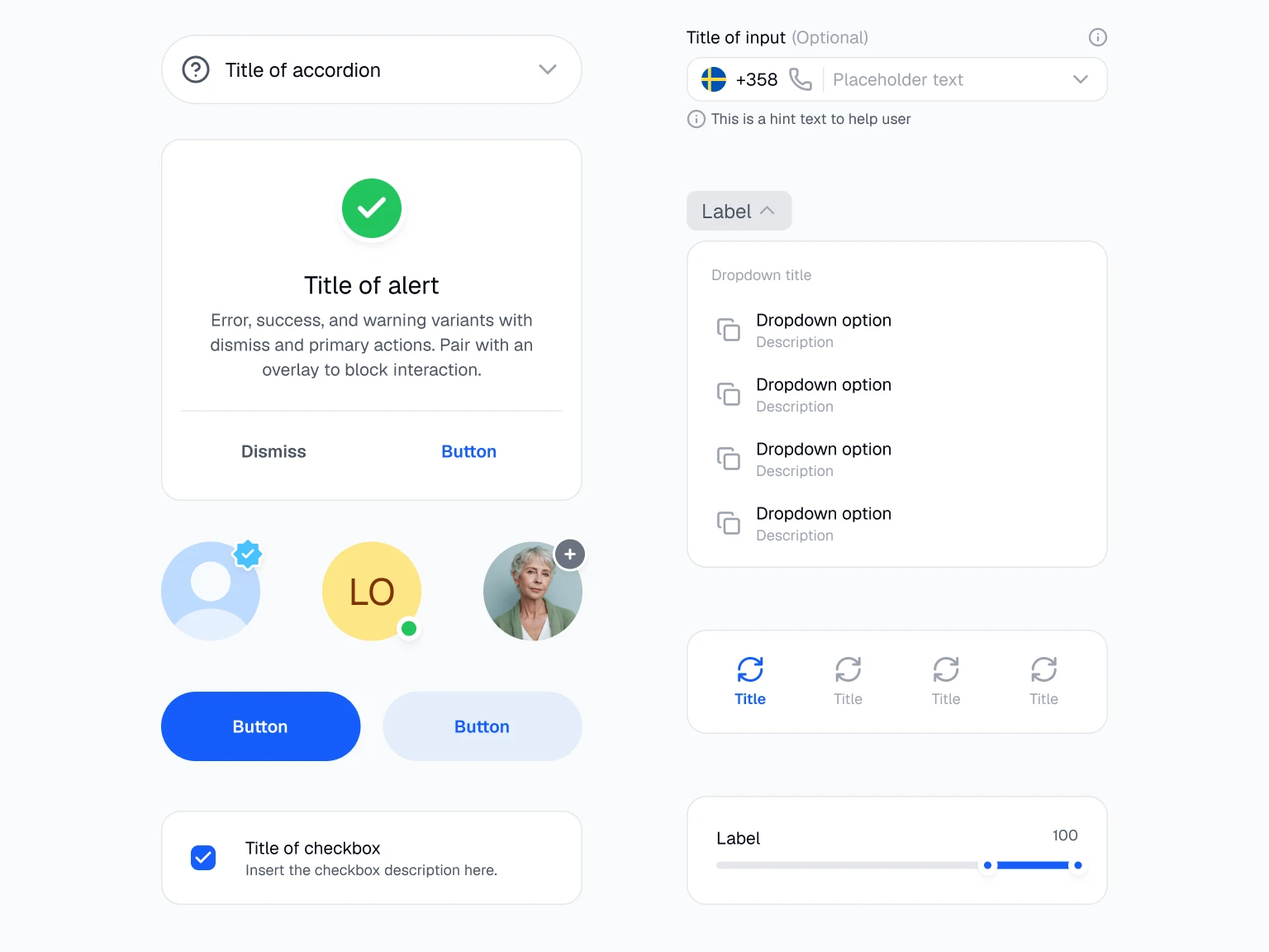 Component set with accordion, alert dialog, avatars, buttons, checkbox, dropdown and slider