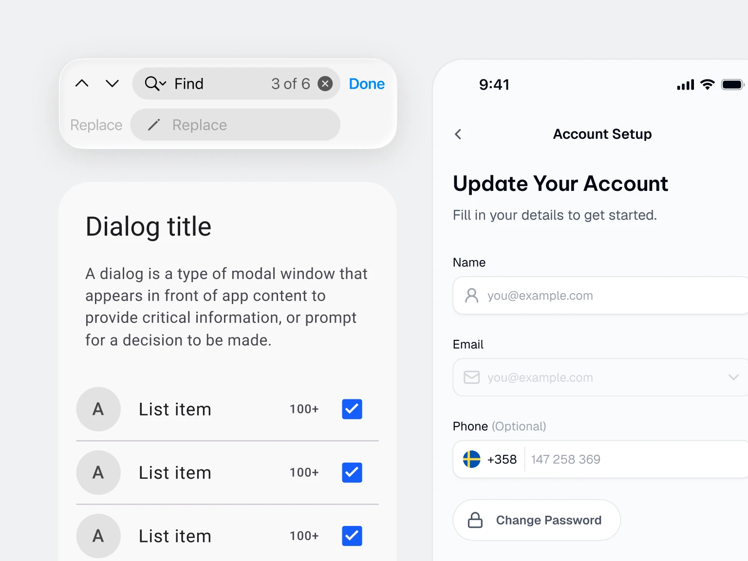 Find and replace bar, dialog with checkbox list, and account setup form