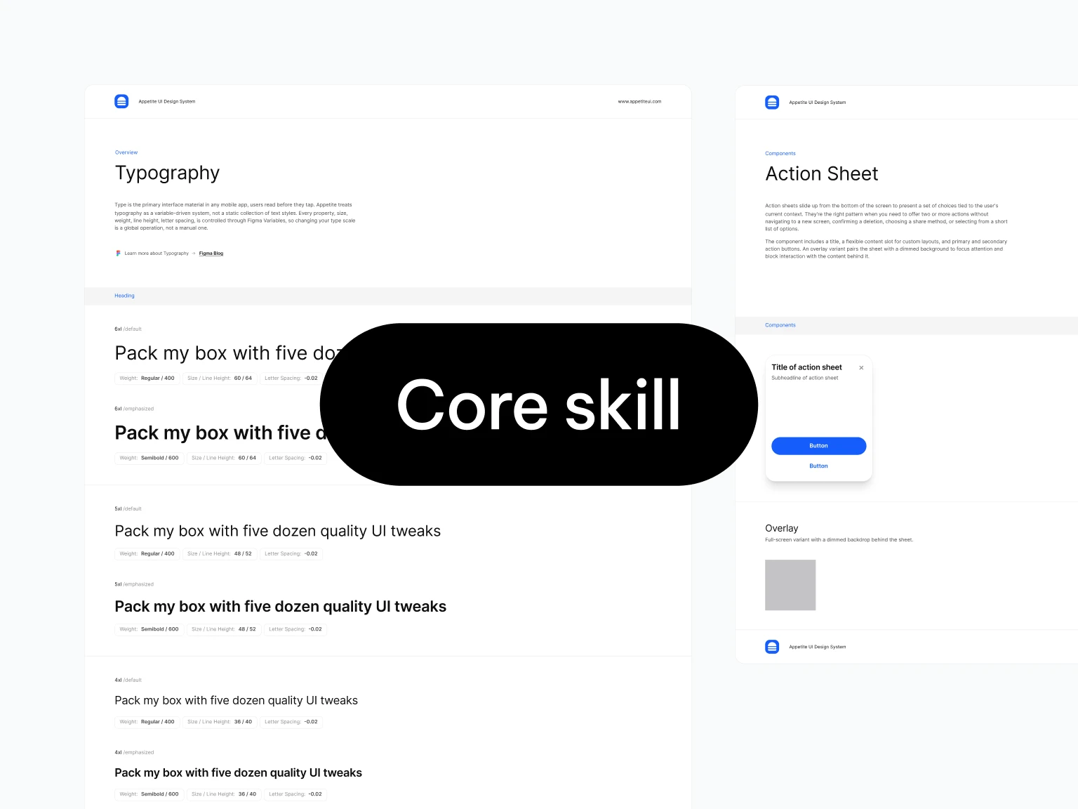 Typography and action sheet documentation pages with a Core skill badge overlay
