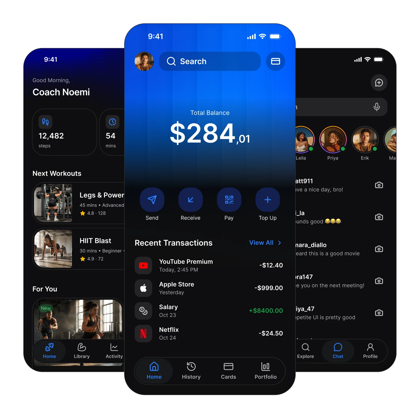Three dark mode screens, fitness dashboard, wallet balance and chat list