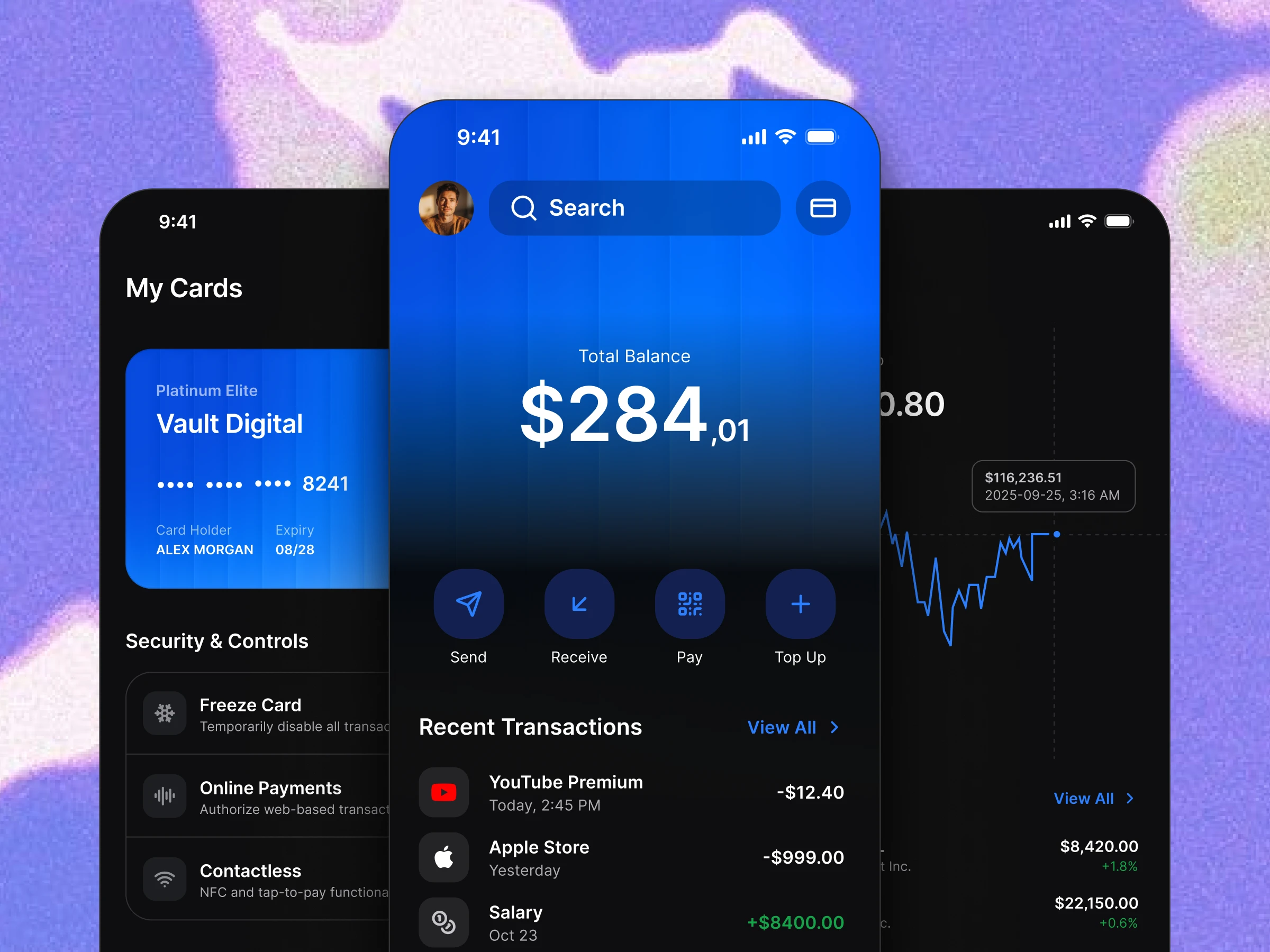 Finance, chat and fitness app screens arranged around a central wallet balance screen