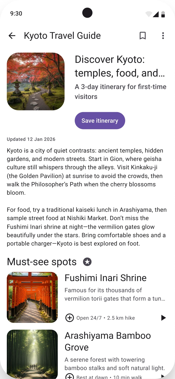A Material 3 article screen with a travel guide, a save button and photo list items