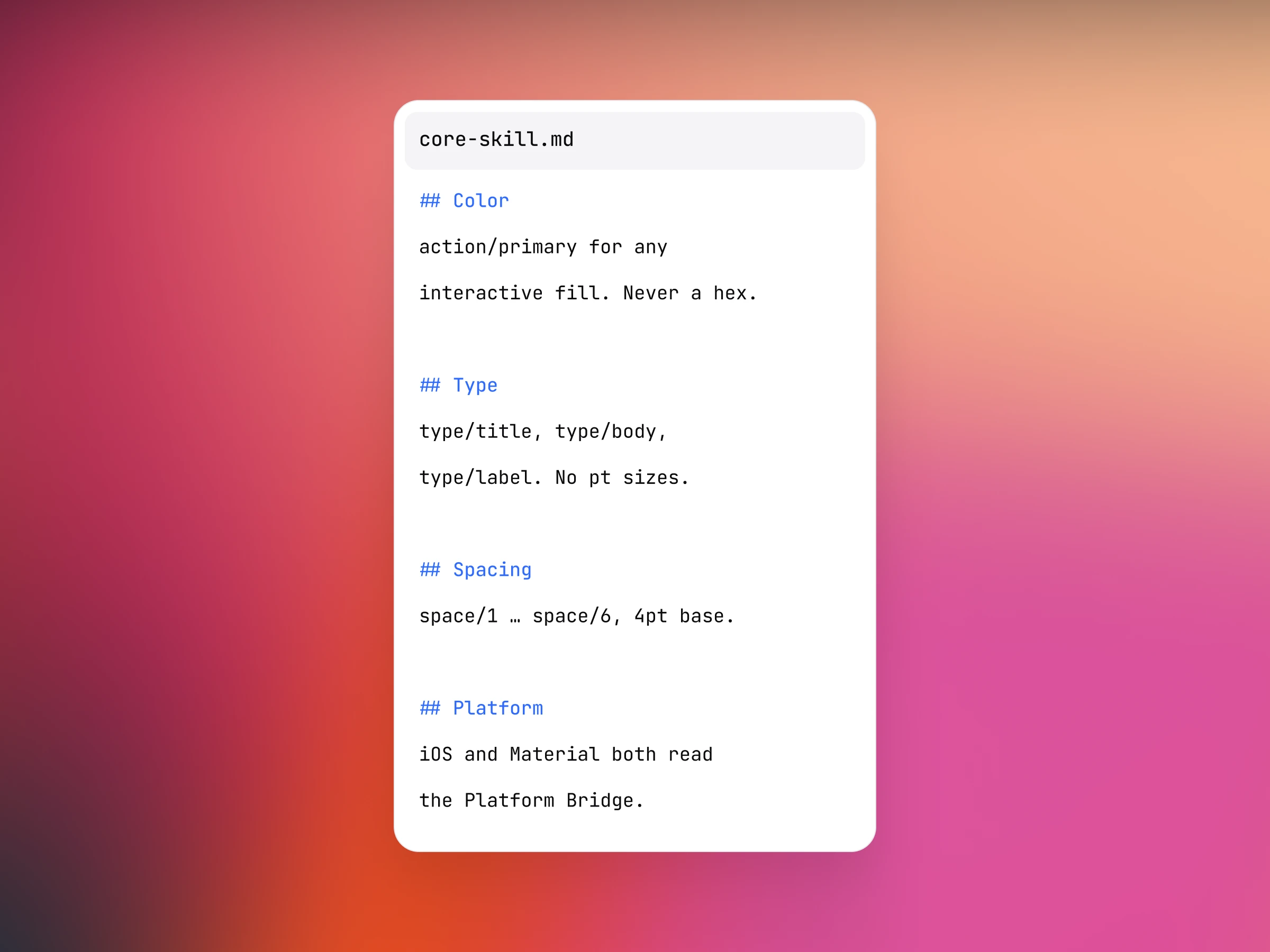 Typography and action sheet documentation pages with a Core skill badge overlay