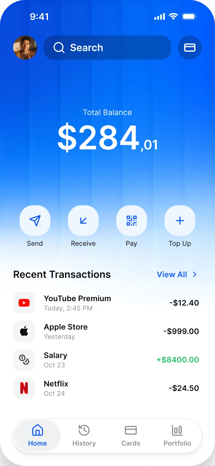 An iOS wallet screen with total balance, quick actions and recent transactions on the brand accent