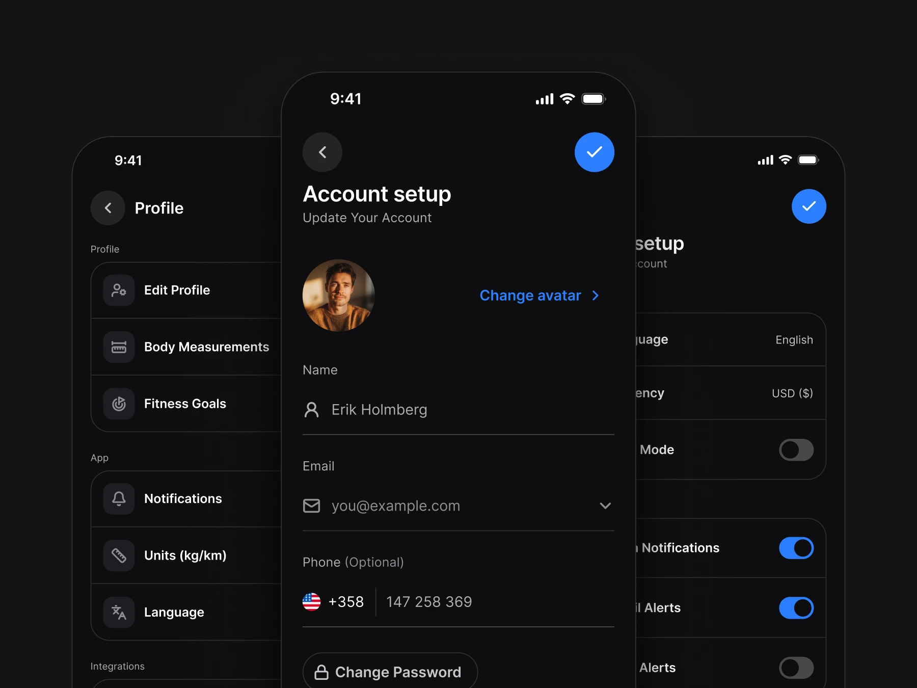 Settings screens from Appetite UI