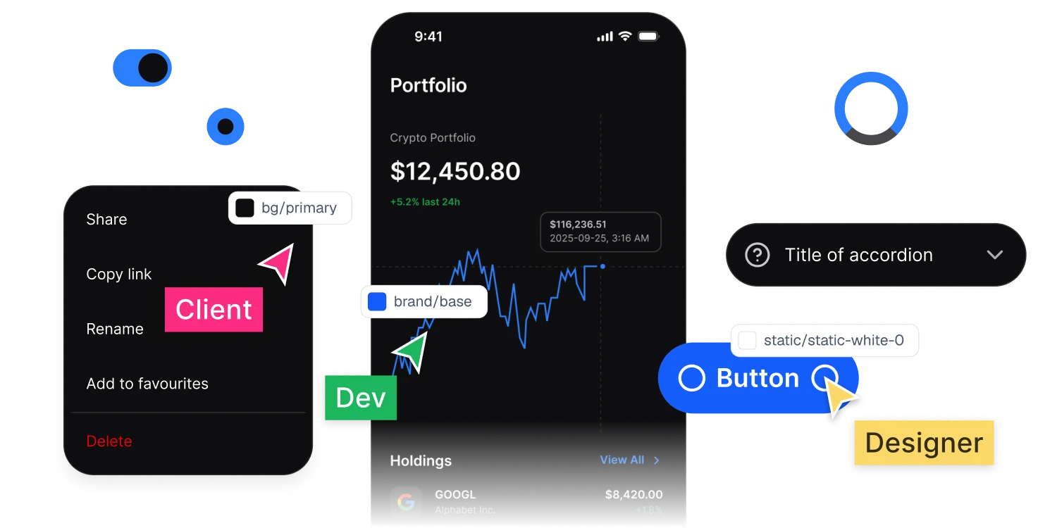 App components labelled with the tokens they read, brand/base and bg/primary, with named cursors