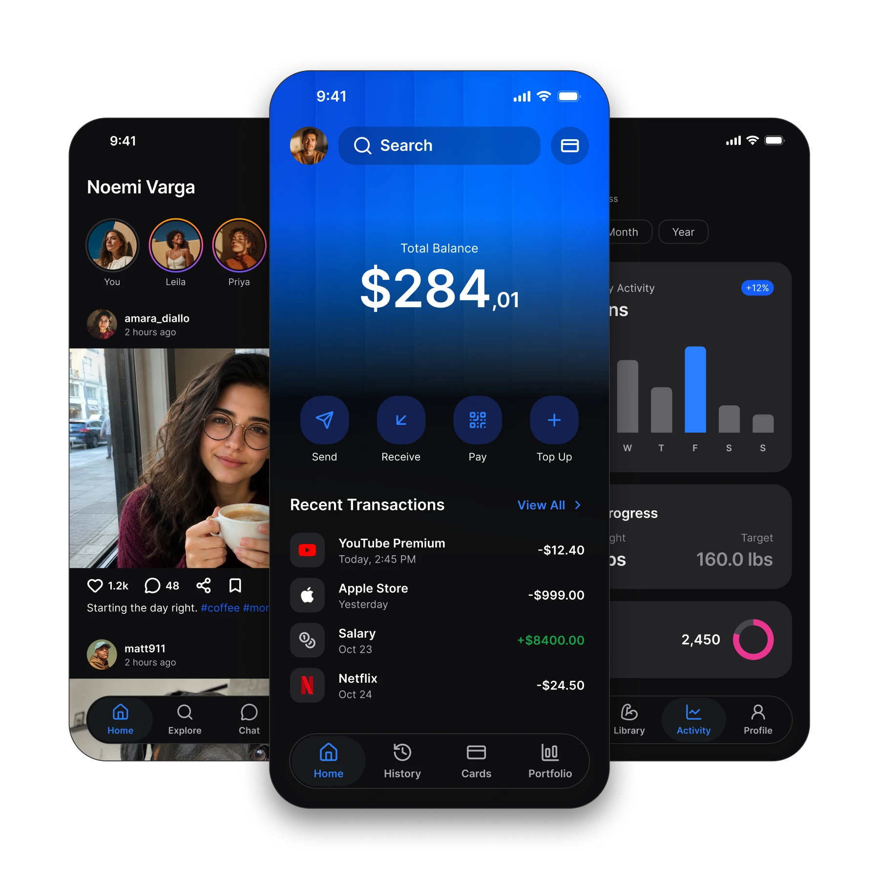 Three dark mode app screens, a social feed, a wallet balance and fitness analytics