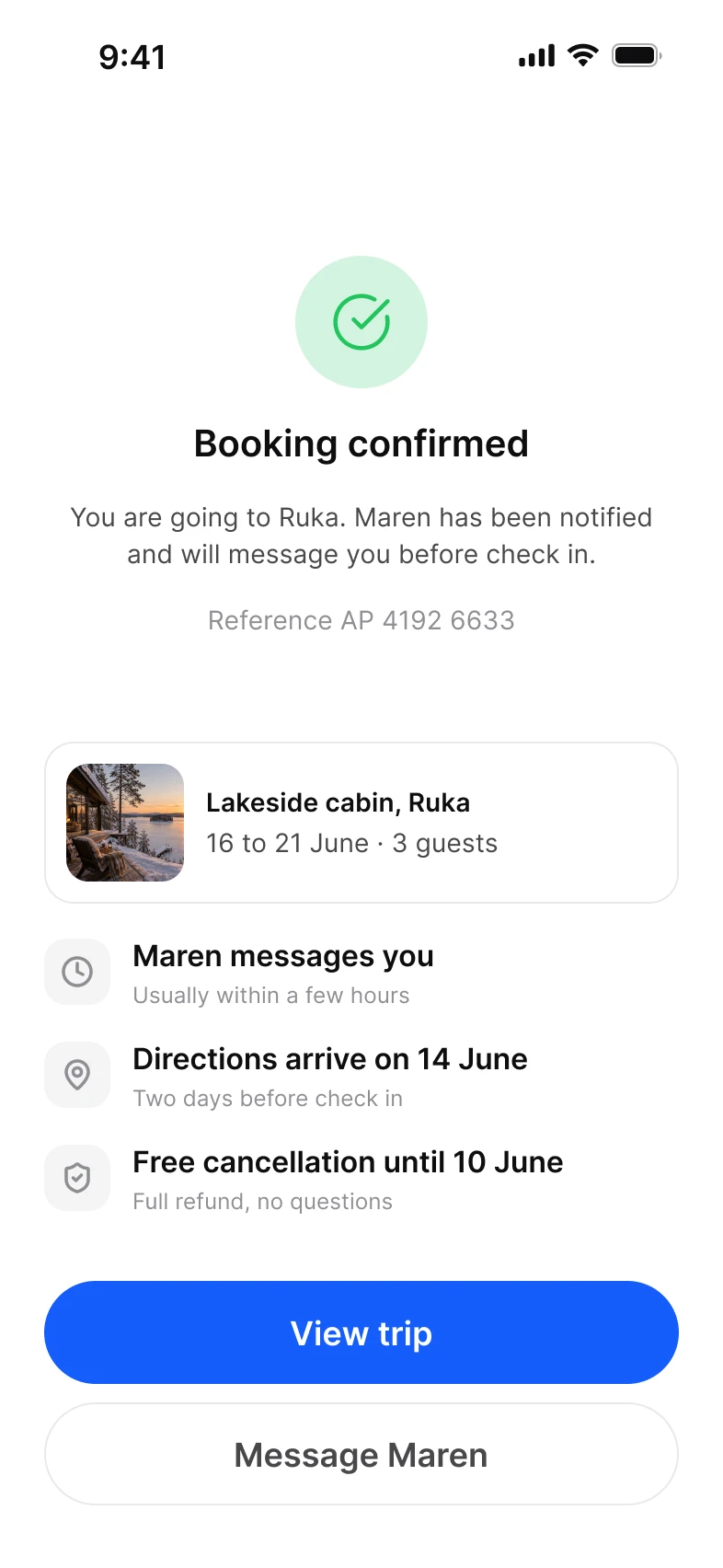 Booking app, confirmed screen, light