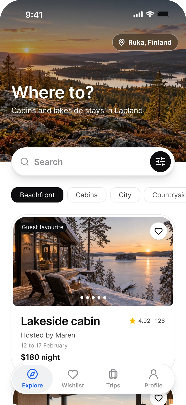 Booking app, explore screen, light