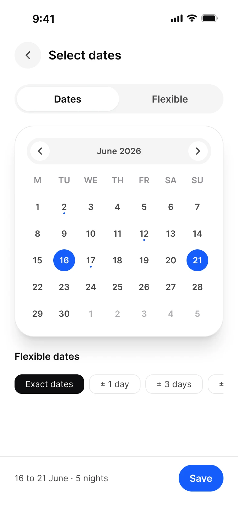 Booking app, dates screen, light