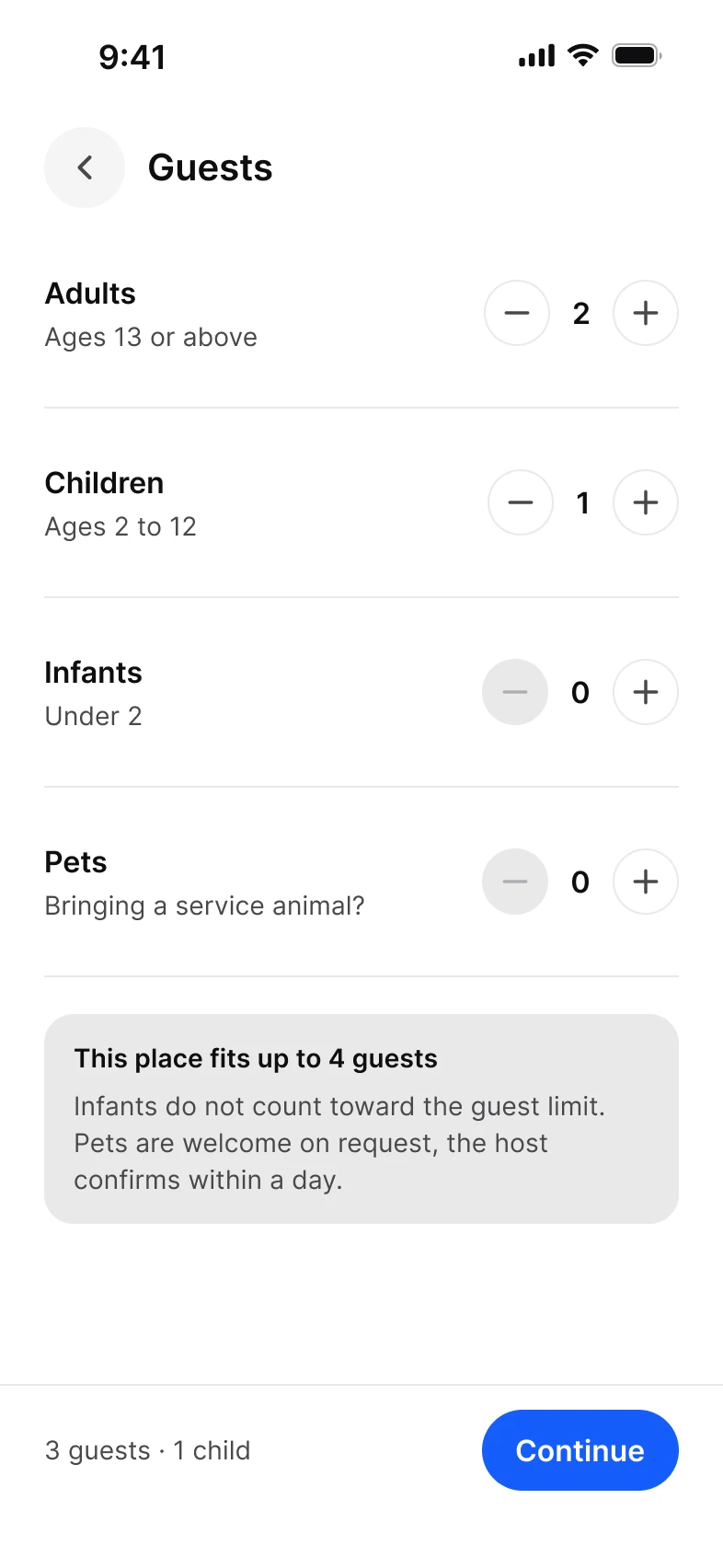 Booking app, guests screen, light
