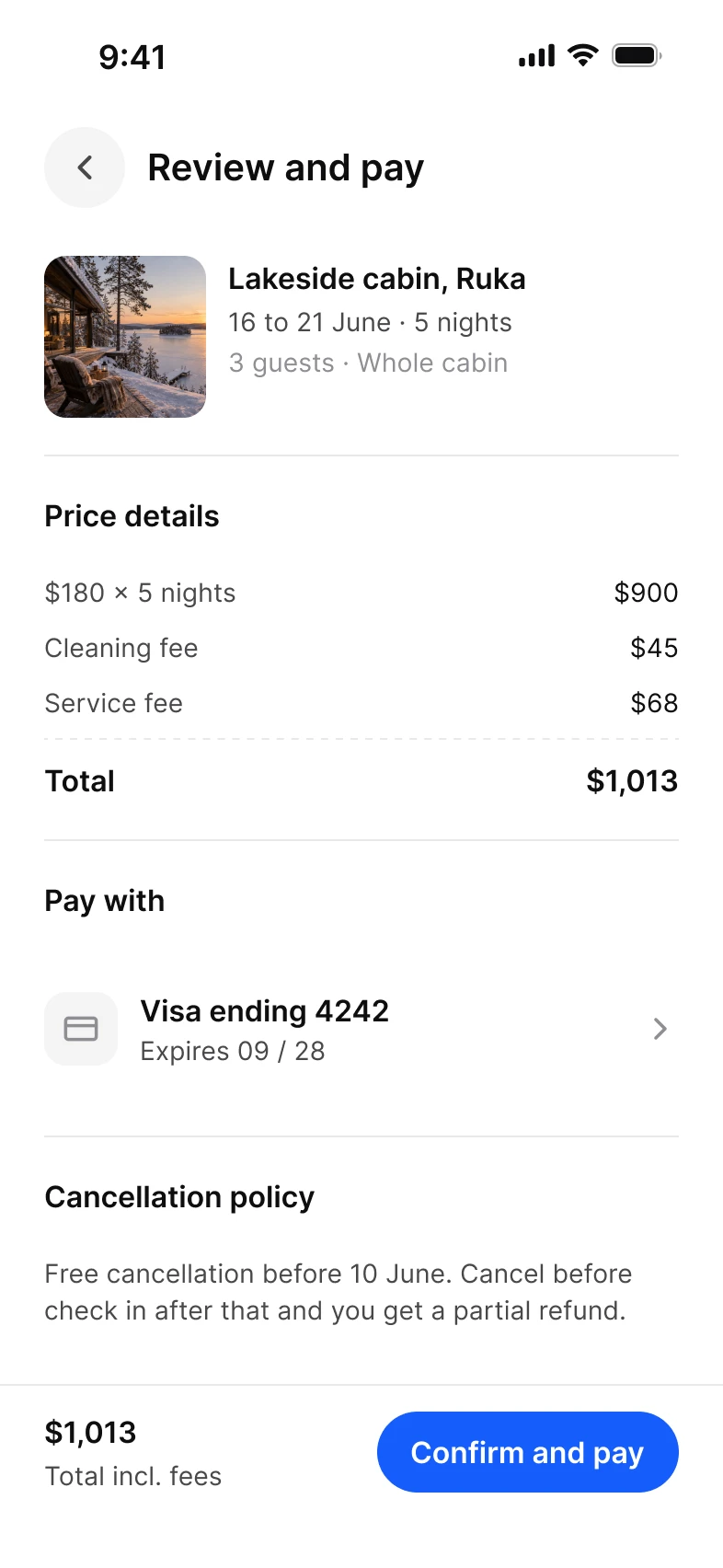Booking app, review and pay screen, light