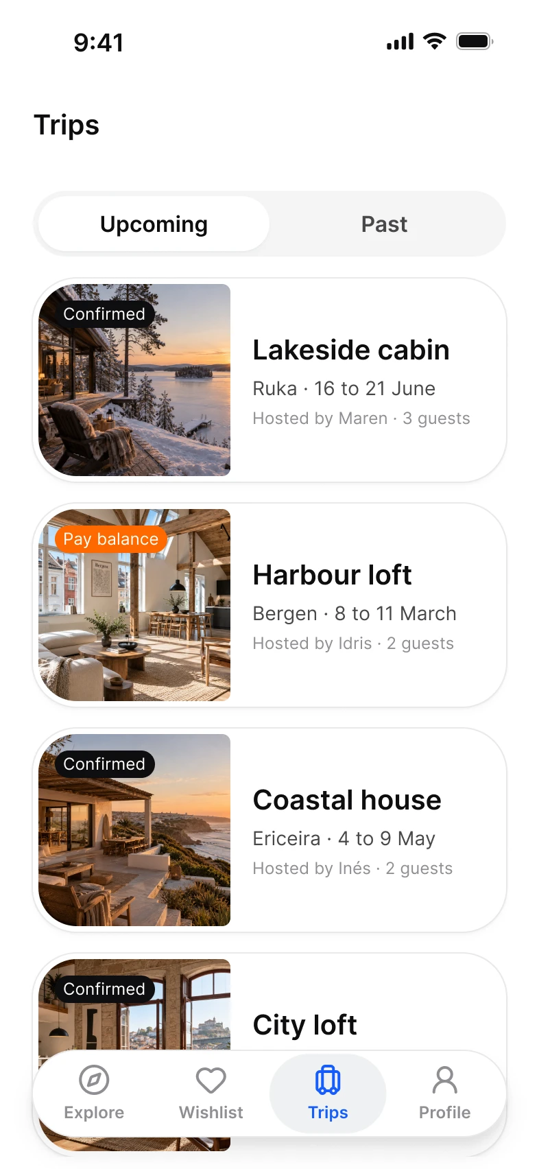 Booking app, trips screen, light