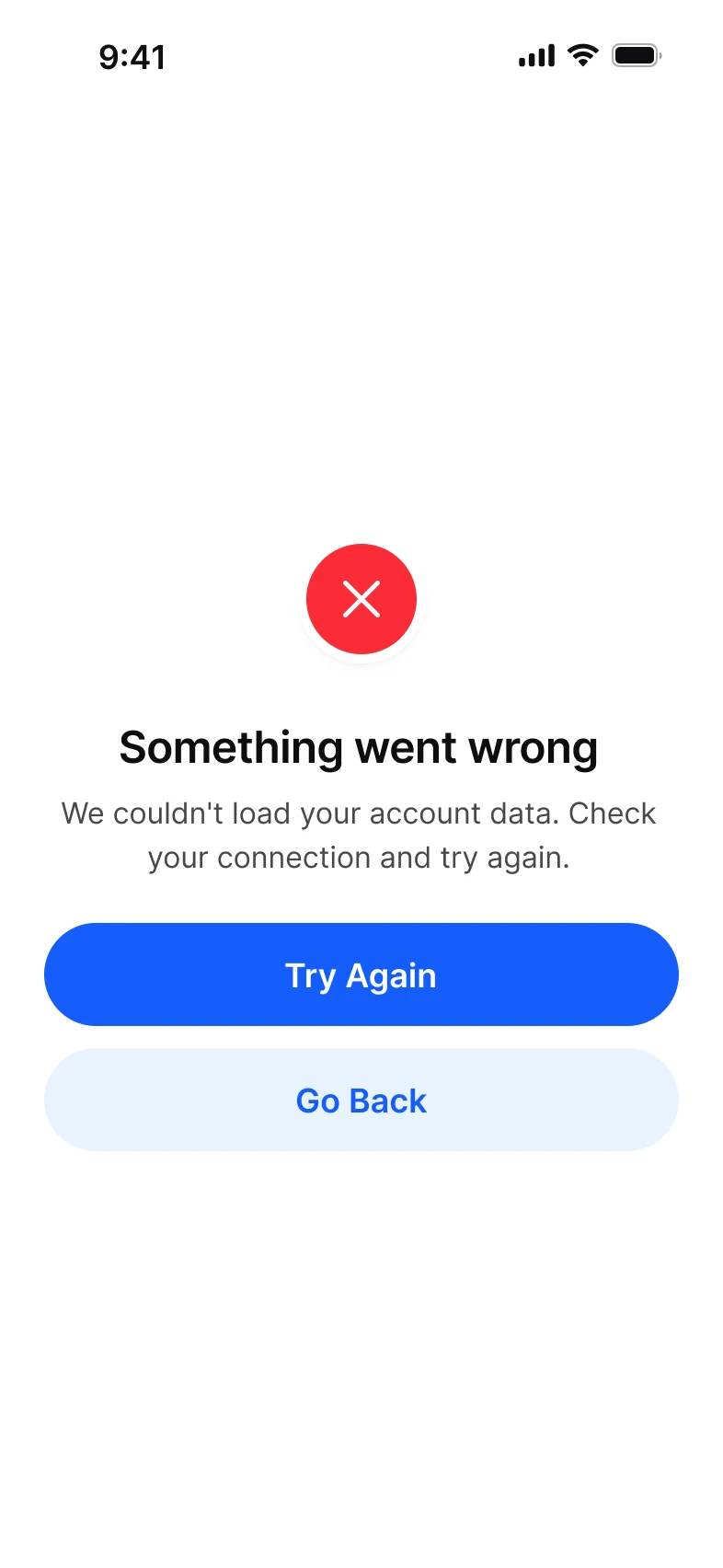 Empty state app, error screen, light