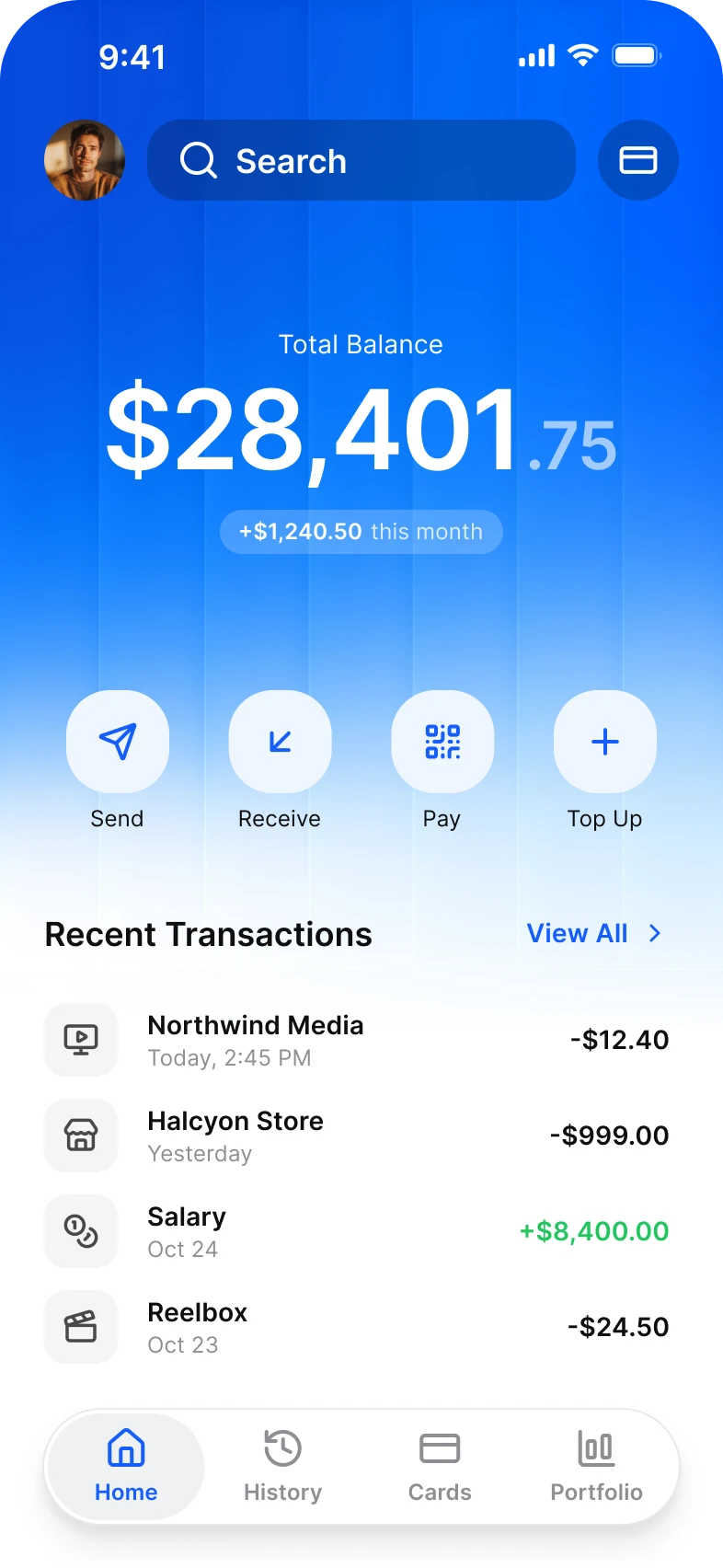 Finance app, dashboard screen, light